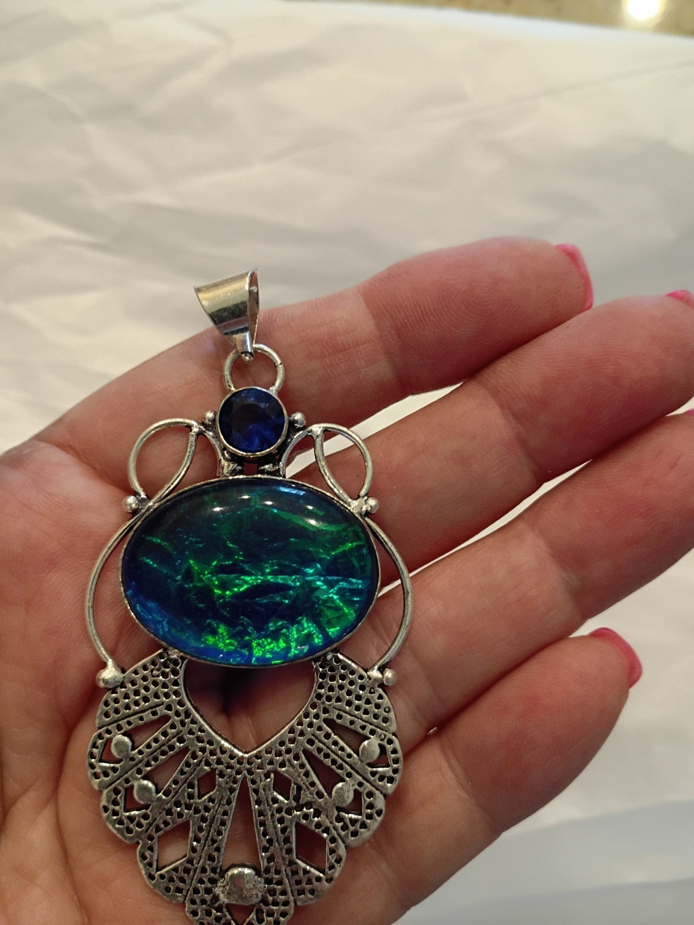 Silver Filigree Pendant with Blue-Green Opal Center And Blue Sapphire Stone - Picture 6 of 7